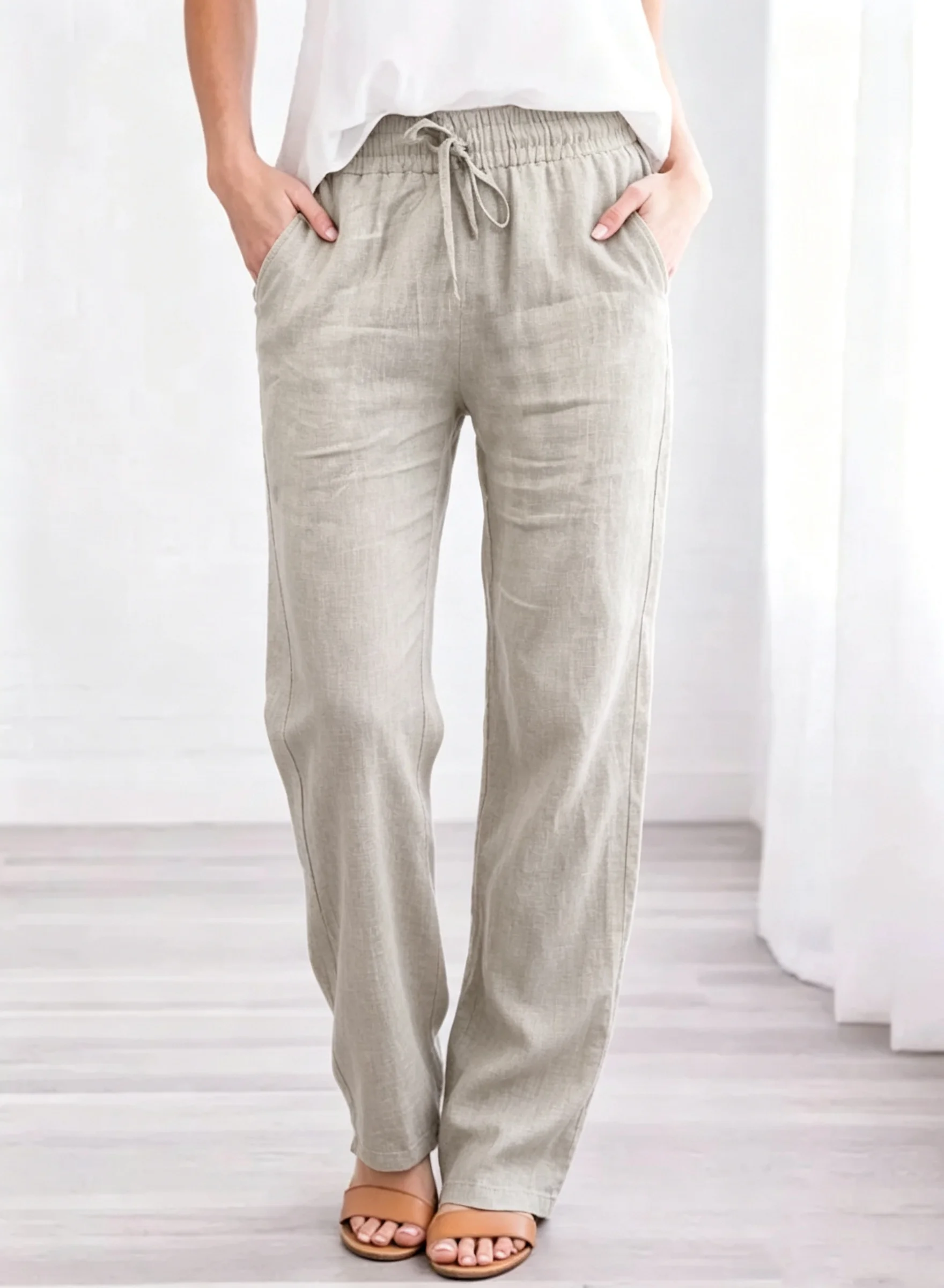 2026 New Women Cotton Drawstring Pants Elastic Waist Casual Solid Color Trousers Baggy Loose Straight Leg Breathable Sweatpants