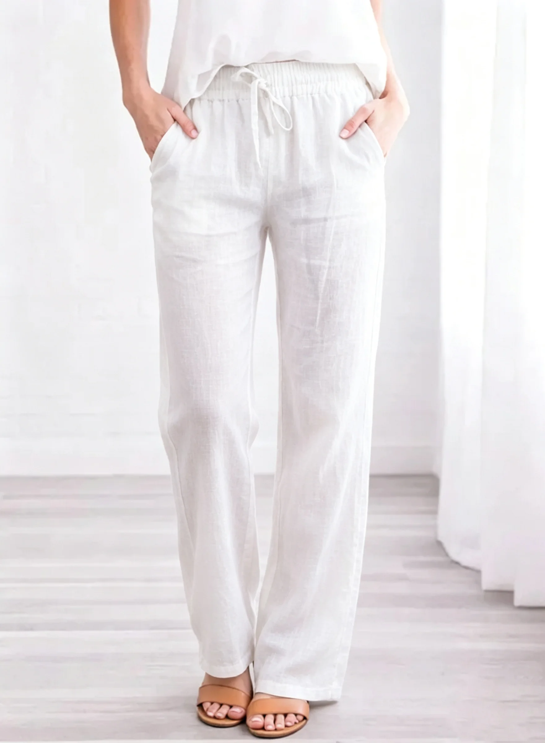 2026 New Women Cotton Drawstring Pants Elastic Waist Casual Solid Color Trousers Baggy Loose Straight Leg Breathable Sweatpants