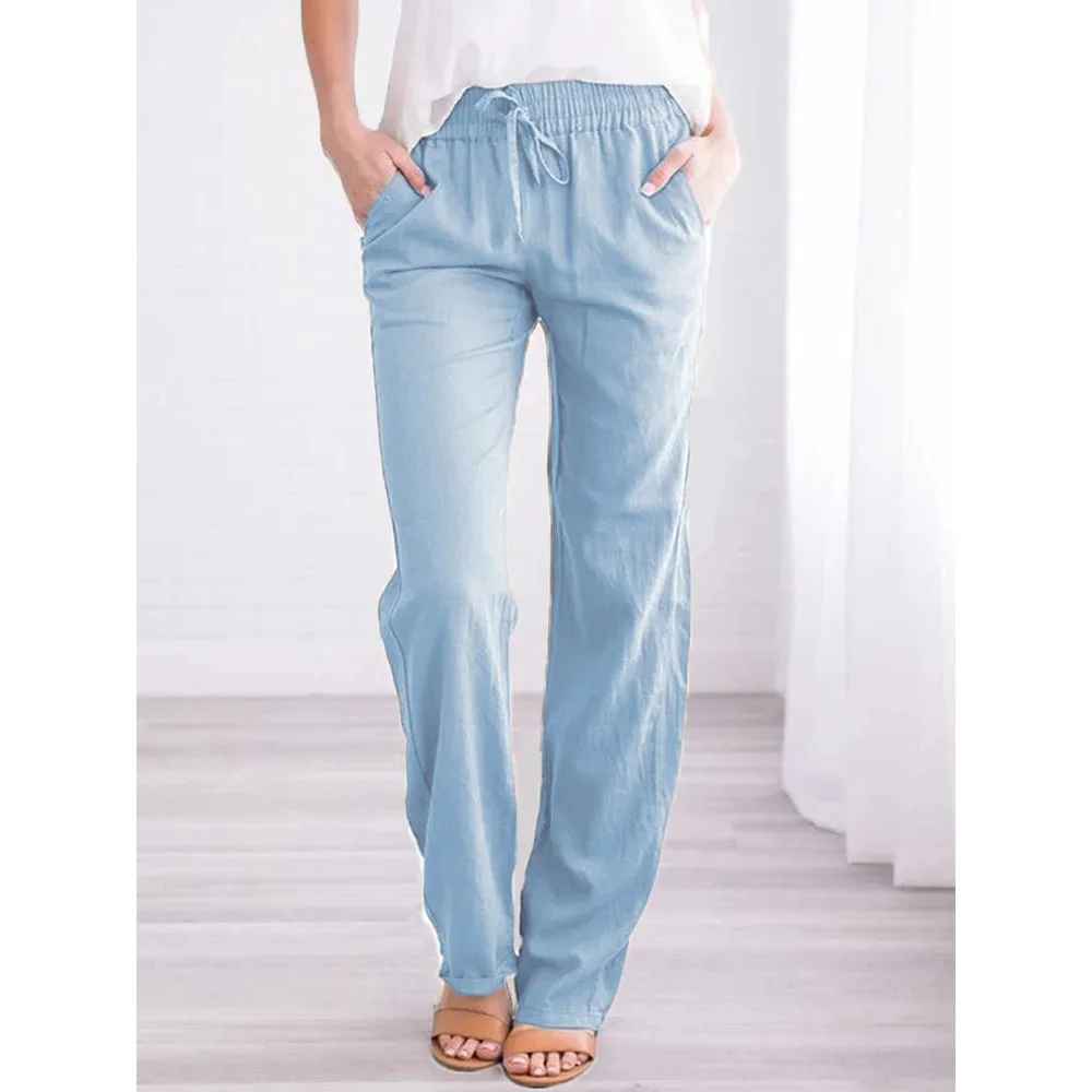 2026 New Women Cotton Drawstring Pants Elastic Waist Casual Solid Color Trousers Baggy Loose Straight Leg Breathable Sweatpants