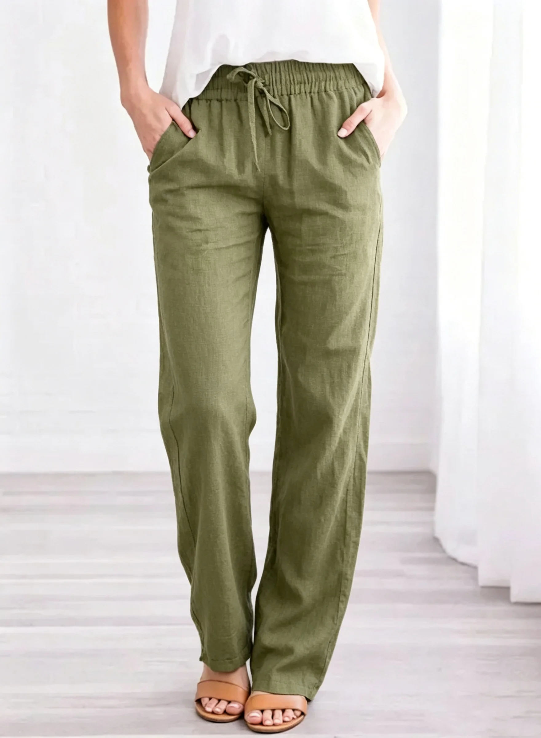 2026 New Women Cotton Drawstring Pants Elastic Waist Casual Solid Color Trousers Baggy Loose Straight Leg Breathable Sweatpants