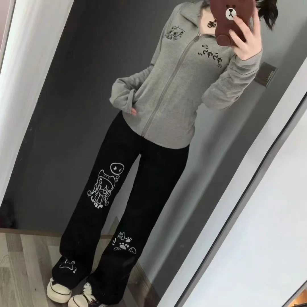 Japanese Kawaii Lolita Straight Pants Women Sweet Striped Cartoon Embroidery Casual Pants Girl Y2k Aesthetic Fairy Cute Trousers