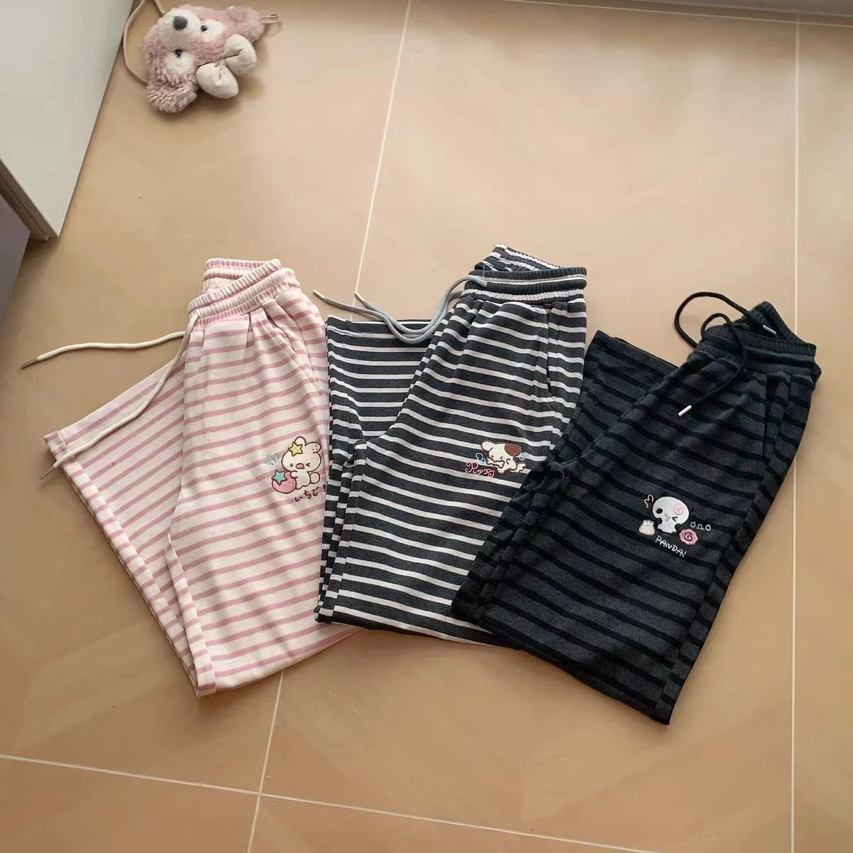 Japanese Kawaii Lolita Straight Pants Women Sweet Striped Cartoon Embroidery Casual Pants Girl Y2k Aesthetic Fairy Cute Trousers
