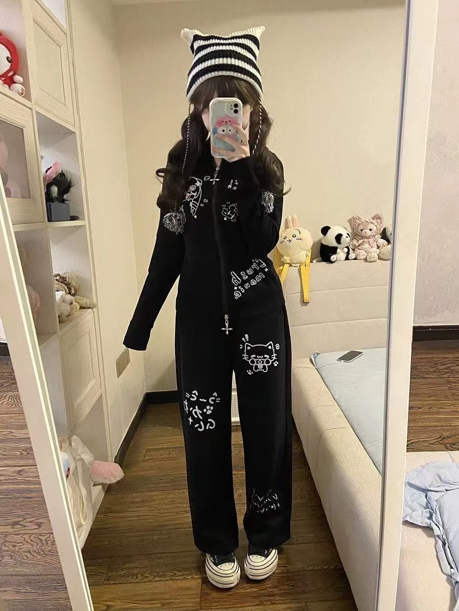 Japanese Kawaii Lolita Straight Pants Women Sweet Striped Cartoon Embroidery Casual Pants Girl Y2k Aesthetic Fairy Cute Trousers