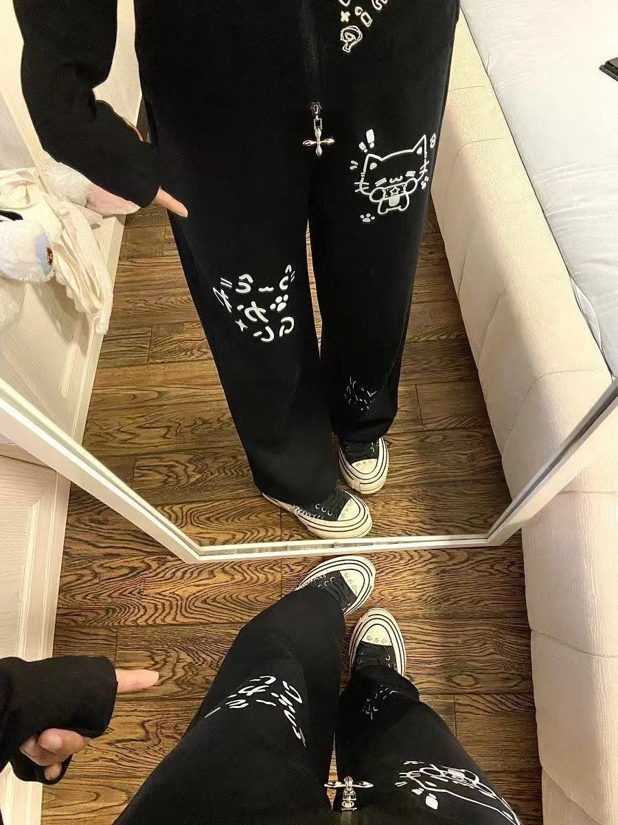 Japanese Kawaii Lolita Straight Pants Women Sweet Striped Cartoon Embroidery Casual Pants Girl Y2k Aesthetic Fairy Cute Trousers