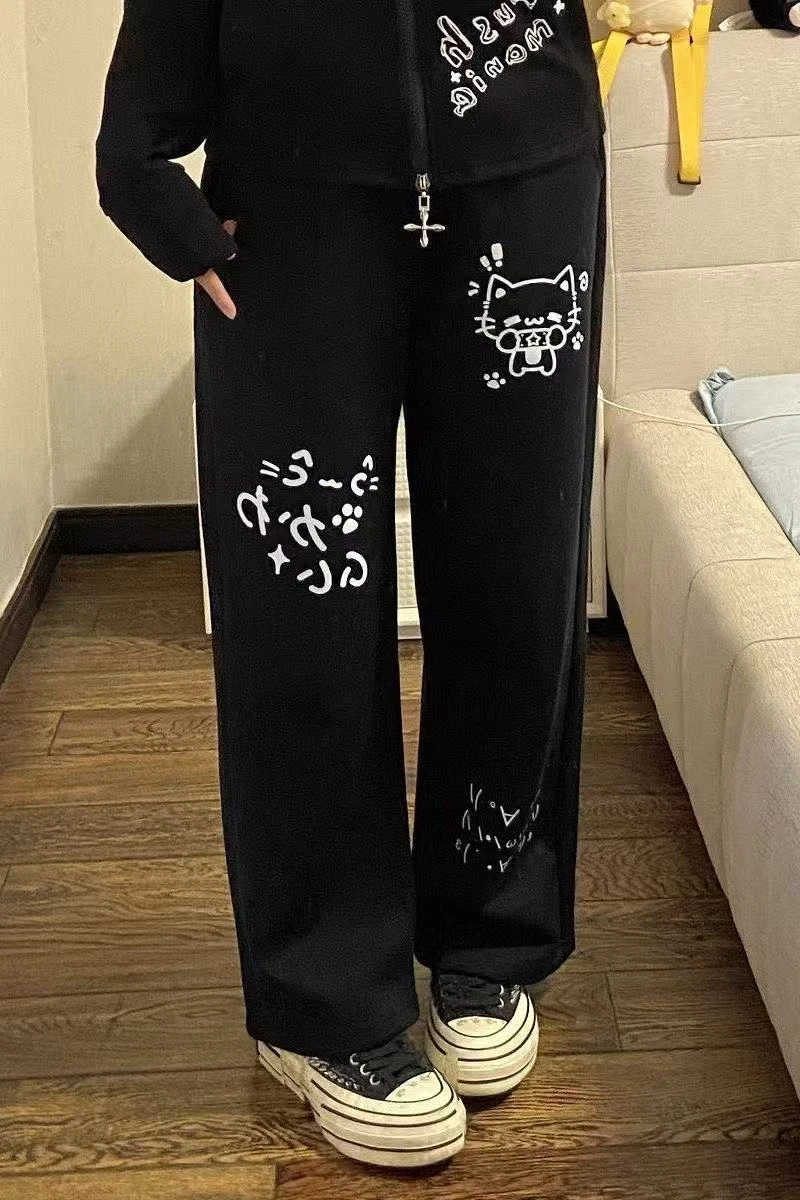 Japanese Kawaii Lolita Straight Pants Women Sweet Striped Cartoon Embroidery Casual Pants Girl Y2k Aesthetic Fairy Cute Trousers
