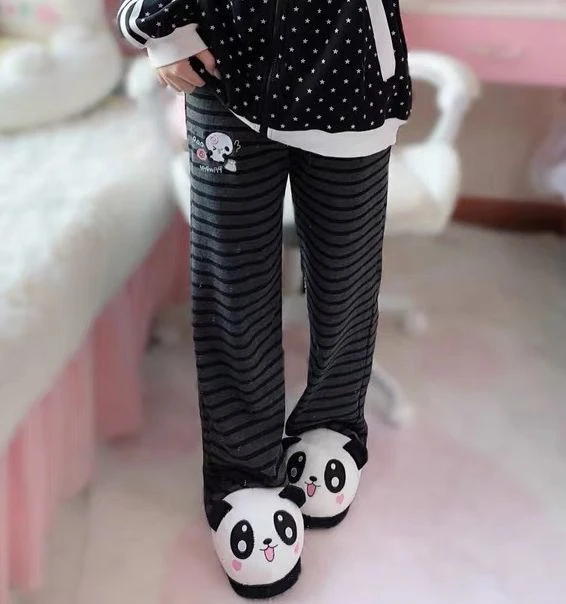 Japanese Kawaii Lolita Straight Pants Women Sweet Striped Cartoon Embroidery Casual Pants Girl Y2k Aesthetic Fairy Cute Trousers