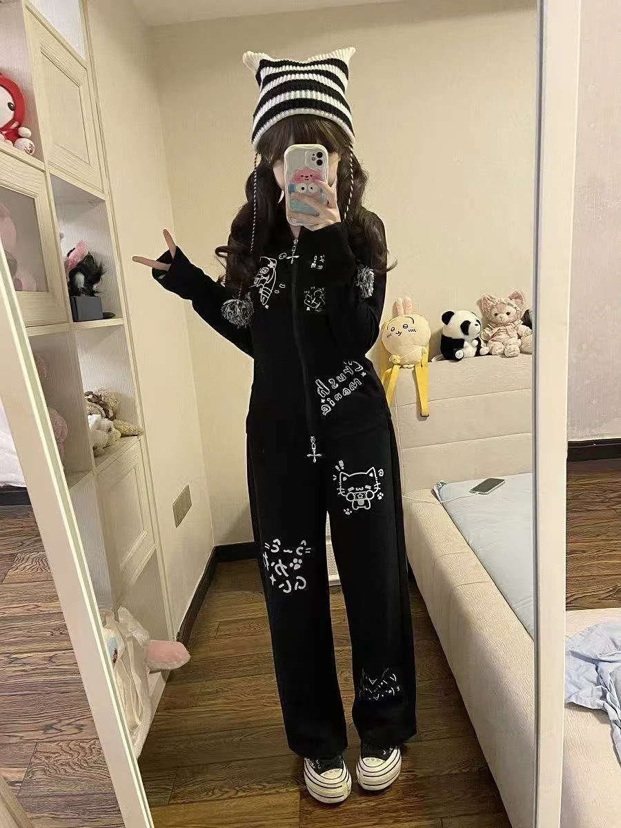 Japanese Kawaii Lolita Straight Pants Women Sweet Striped Cartoon Embroidery Casual Pants Girl Y2k Aesthetic Fairy Cute Trousers