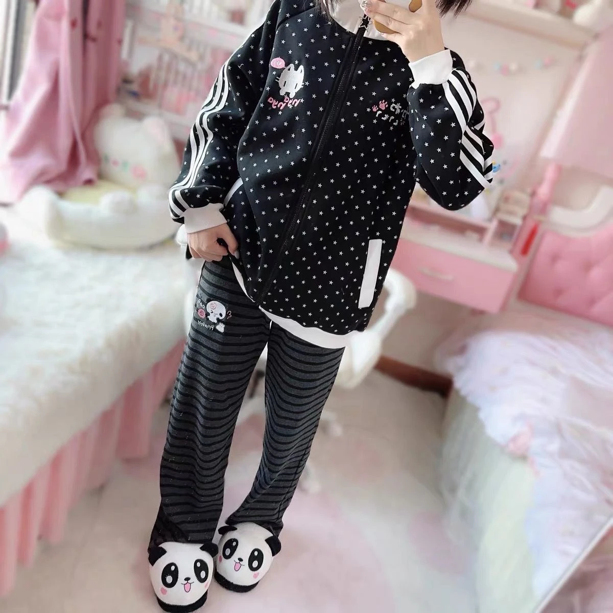 Japanese Kawaii Lolita Straight Pants Women Sweet Striped Cartoon Embroidery Casual Pants Girl Y2k Aesthetic Fairy Cute Trousers
