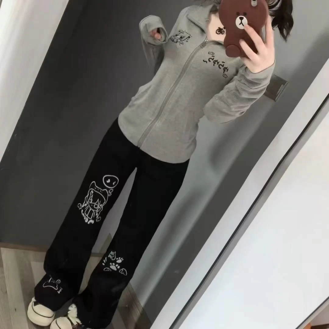 Japanese Kawaii Lolita Straight Pants Women Sweet Striped Cartoon Embroidery Casual Pants Girl Y2k Aesthetic Fairy Cute Trousers