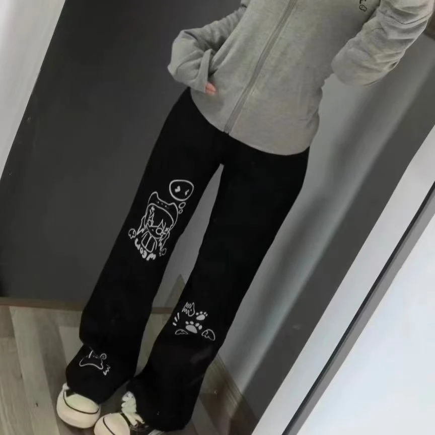 Japanese Kawaii Lolita Straight Pants Women Sweet Striped Cartoon Embroidery Casual Pants Girl Y2k Aesthetic Fairy Cute Trousers
