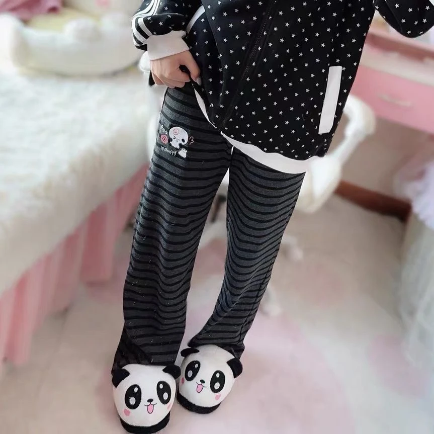 Japanese Kawaii Lolita Straight Pants Women Sweet Striped Cartoon Embroidery Casual Pants Girl Y2k Aesthetic Fairy Cute Trousers