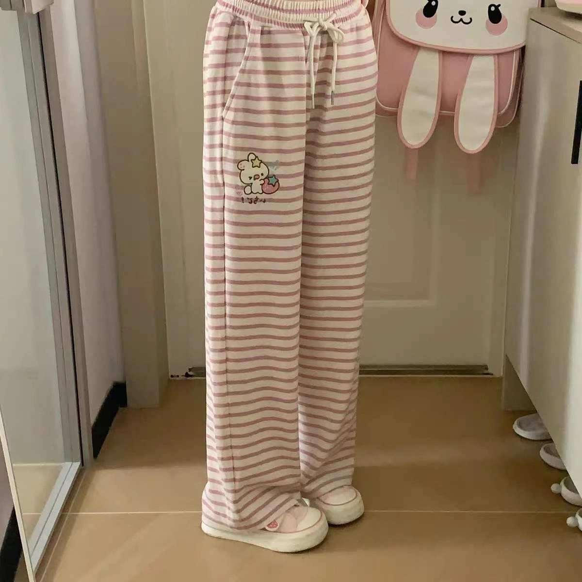 Japanese Kawaii Lolita Straight Pants Women Sweet Striped Cartoon Embroidery Casual Pants Girl Y2k Aesthetic Fairy Cute Trousers