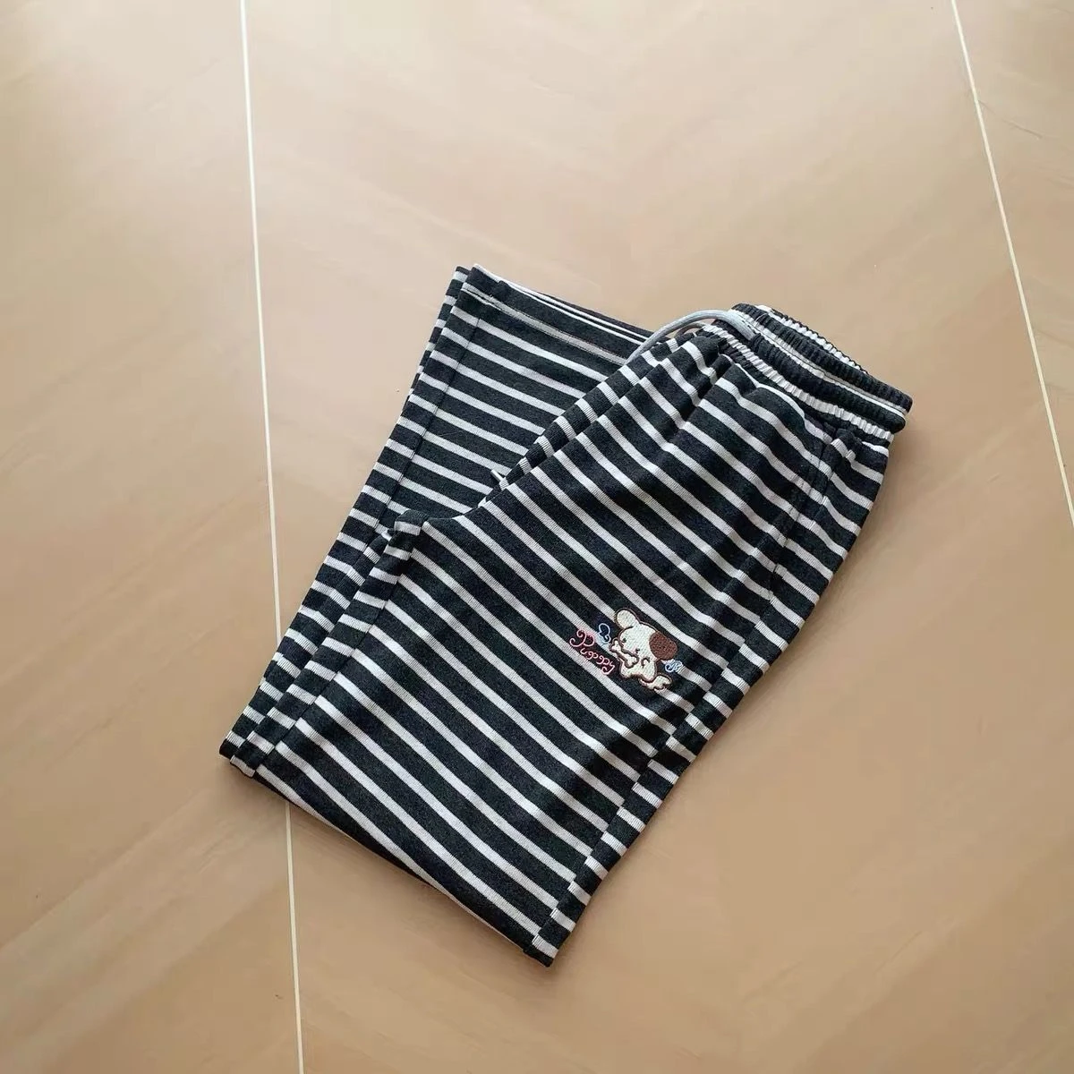 Japanese Kawaii Lolita Straight Pants Women Sweet Striped Cartoon Embroidery Casual Pants Girl Y2k Aesthetic Fairy Cute Trousers