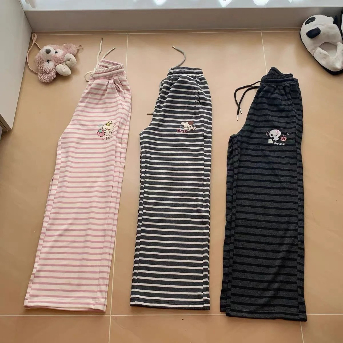 Japanese Kawaii Lolita Straight Pants Women Sweet Striped Cartoon Embroidery Casual Pants Girl Y2k Aesthetic Fairy Cute Trousers