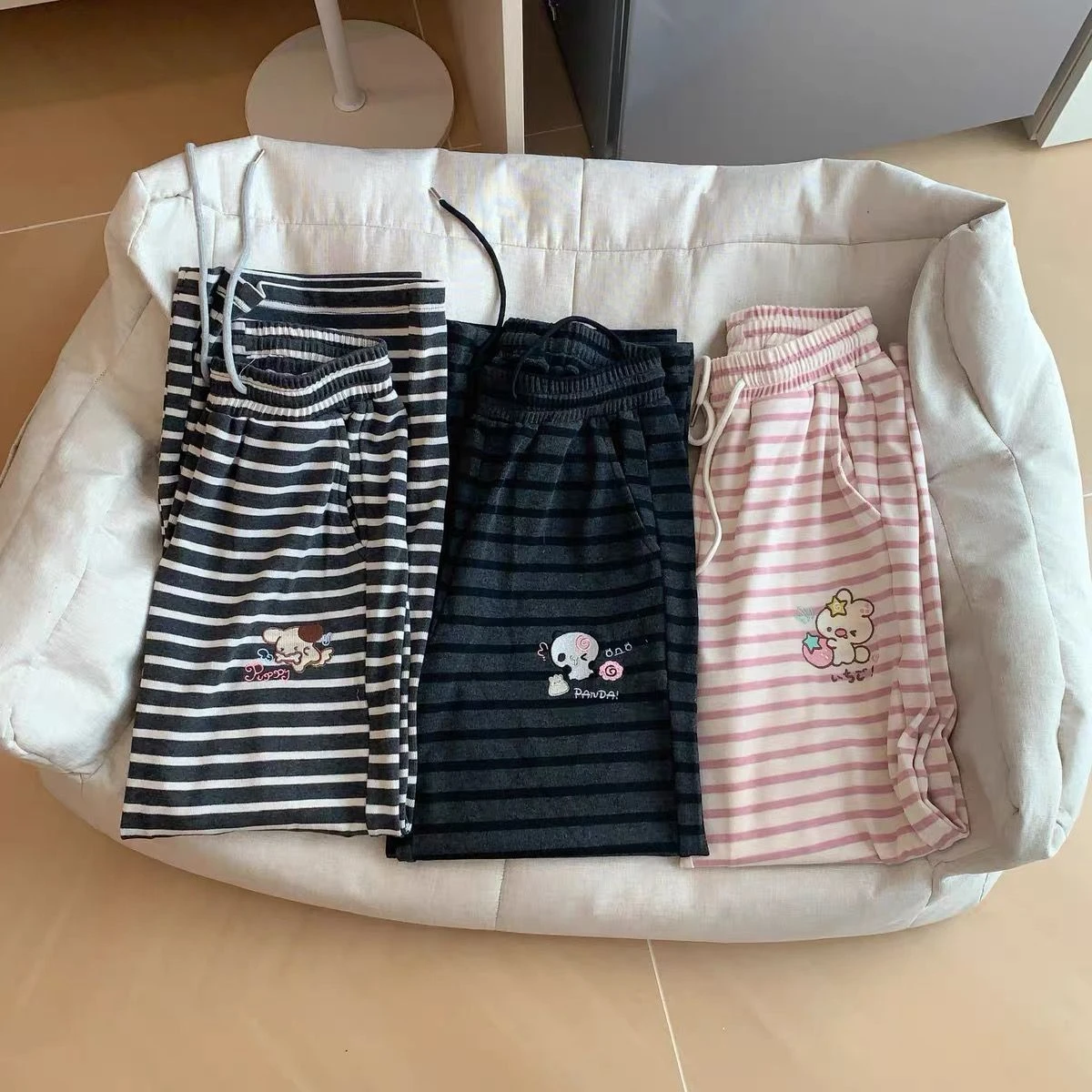 Japanese Kawaii Lolita Straight Pants Women Sweet Striped Cartoon Embroidery Casual Pants Girl Y2k Aesthetic Fairy Cute Trousers