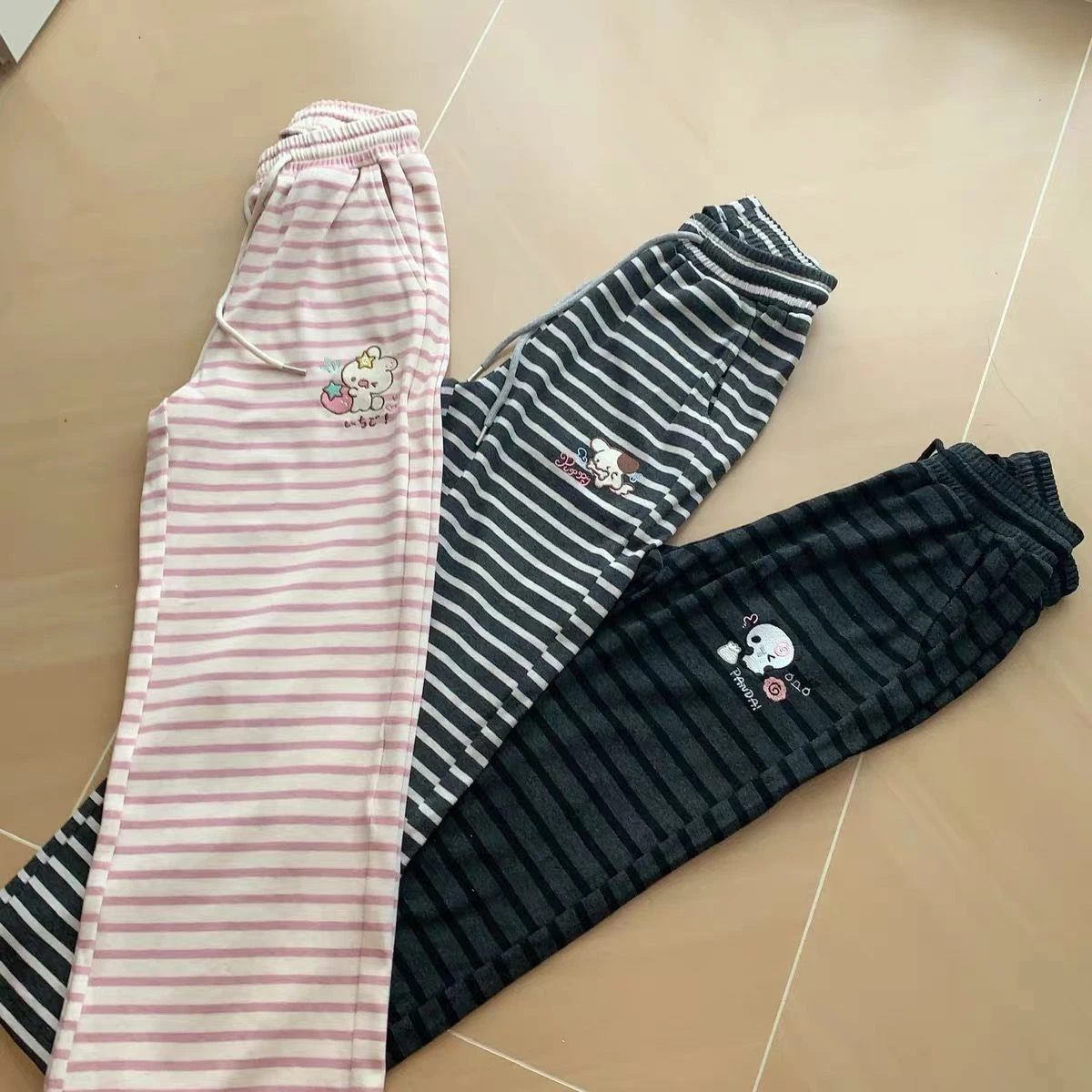 Japanese Kawaii Lolita Straight Pants Women Sweet Striped Cartoon Embroidery Casual Pants Girl Y2k Aesthetic Fairy Cute Trousers