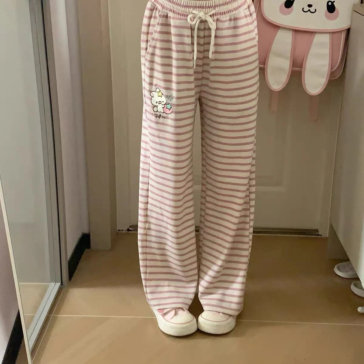 Japanese Kawaii Lolita Straight Pants Women Sweet Striped Cartoon Embroidery Casual Pants Girl Y2k Aesthetic Fairy Cute Trousers