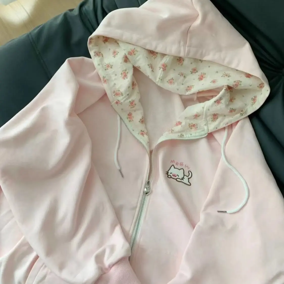 Thin Cat Pattern Floral Long Sleeve Zippered Hoodie Women's Spring and Summer Japanese Style Cute Open Cardigan Loose Top