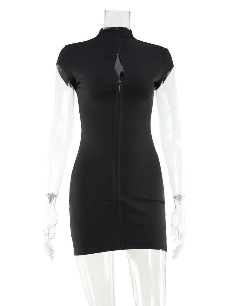 CNYISHE Solid Butoon High Collar Short Sleeve Women Dresses Sheath Trendy Chic Sexy Club Hot Girl Hip Wrap Outfits Female Skinny