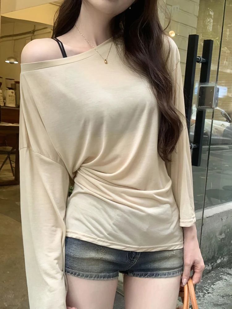 Sexy Thin See Through Long Sleeve Oversize T Shirt Women Bandage Off Shoulder Top Female Basic Long Tees Korean Chic Lady New