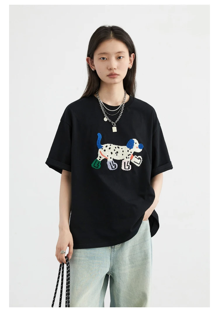 CHIC VEN Women T-Shirts Loose Streetwear Unisex Fun Dog Embroidered Short Sleeve Cotton Girl Tees Female Top Summer 2025