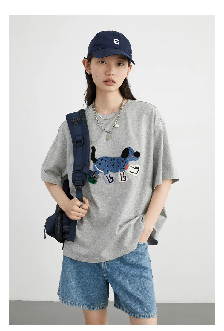 CHIC VEN Women T-Shirts Loose Streetwear Unisex Fun Dog Embroidered Short Sleeve Cotton Girl Tees Female Top Summer 2025
