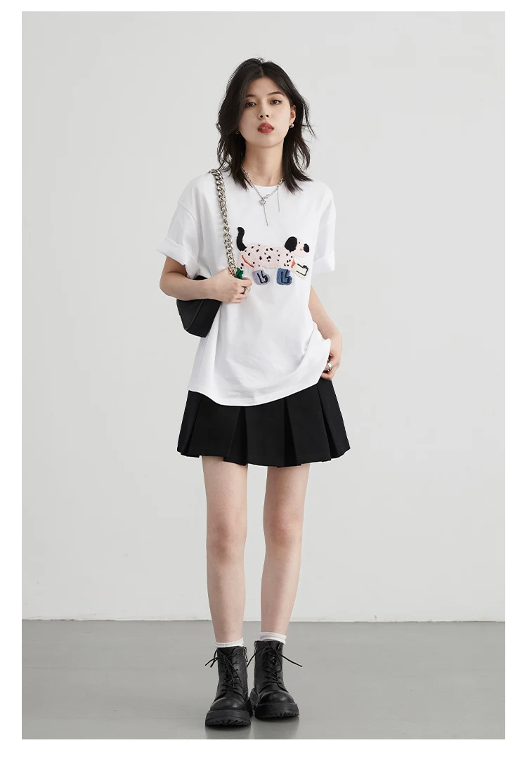 CHIC VEN Women T-Shirts Loose Streetwear Unisex Fun Dog Embroidered Short Sleeve Cotton Girl Tees Female Top Summer 2025