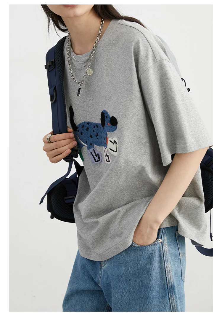CHIC VEN Women T-Shirts Loose Streetwear Unisex Fun Dog Embroidered Short Sleeve Cotton Girl Tees Female Top Summer 2025