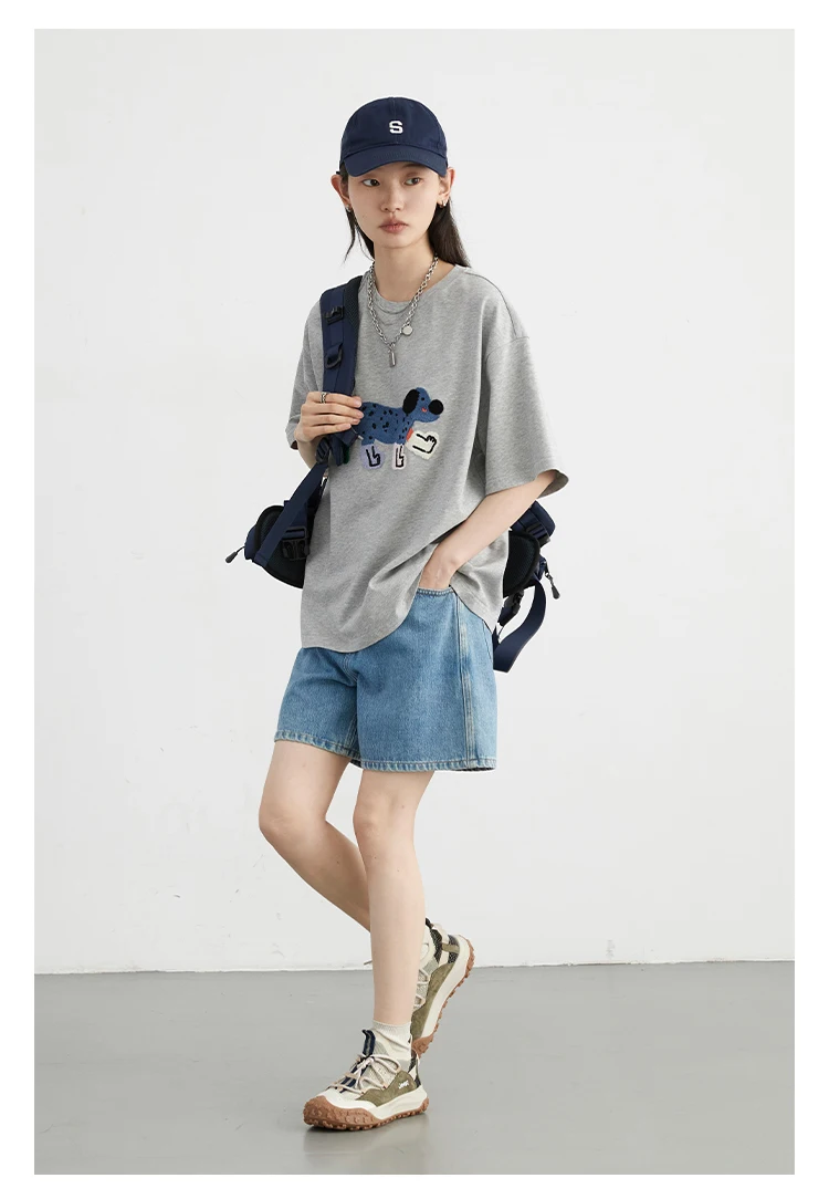 CHIC VEN Women T-Shirts Loose Streetwear Unisex Fun Dog Embroidered Short Sleeve Cotton Girl Tees Female Top Summer 2025