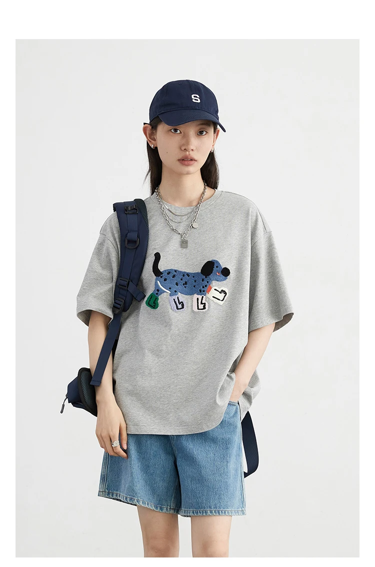 CHIC VEN Women T-Shirts Loose Streetwear Unisex Fun Dog Embroidered Short Sleeve Cotton Girl Tees Female Top Summer 2025