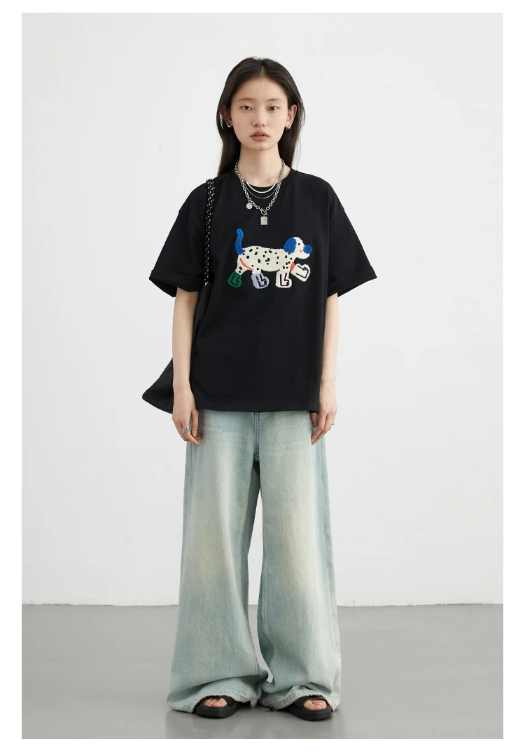 CHIC VEN Women T-Shirts Loose Streetwear Unisex Fun Dog Embroidered Short Sleeve Cotton Girl Tees Female Top Summer 2025