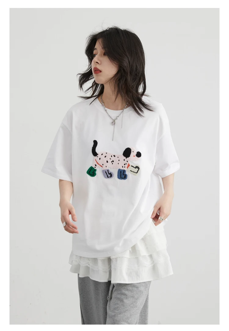 CHIC VEN Women T-Shirts Loose Streetwear Unisex Fun Dog Embroidered Short Sleeve Cotton Girl Tees Female Top Summer 2025