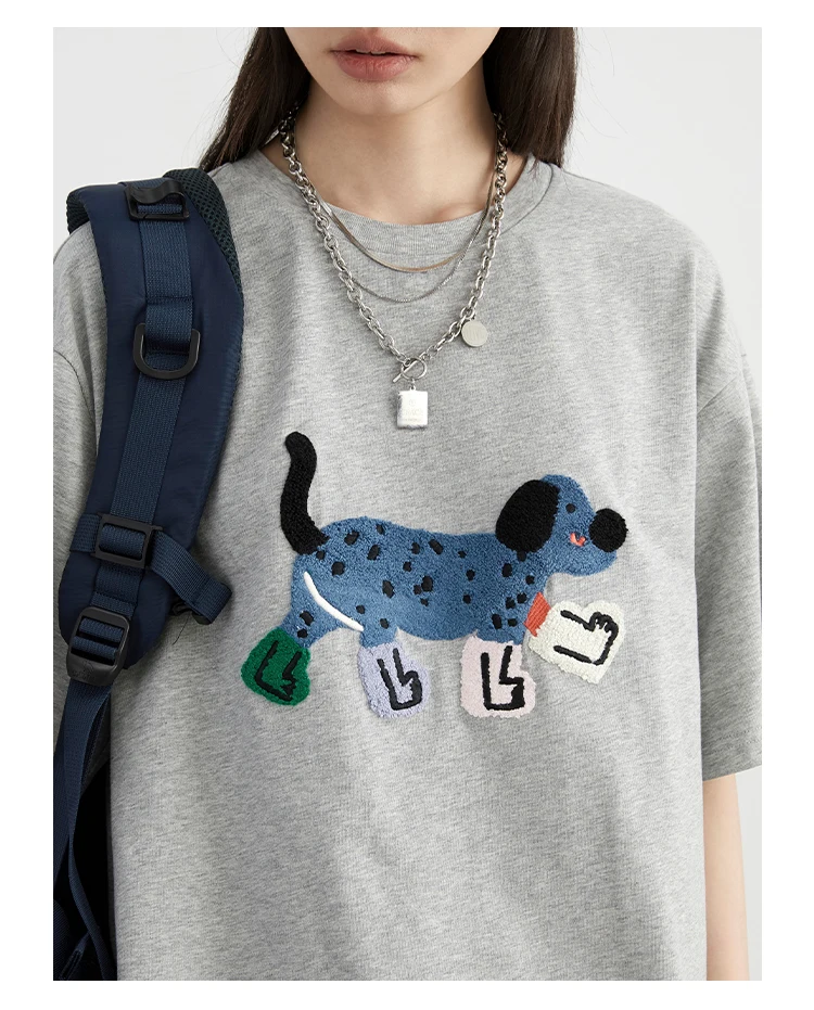 CHIC VEN Women T-Shirts Loose Streetwear Unisex Fun Dog Embroidered Short Sleeve Cotton Girl Tees Female Top Summer 2025