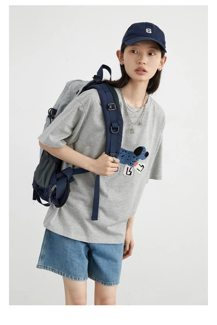 CHIC VEN Women T-Shirts Loose Streetwear Unisex Fun Dog Embroidered Short Sleeve Cotton Girl Tees Female Top Summer 2025