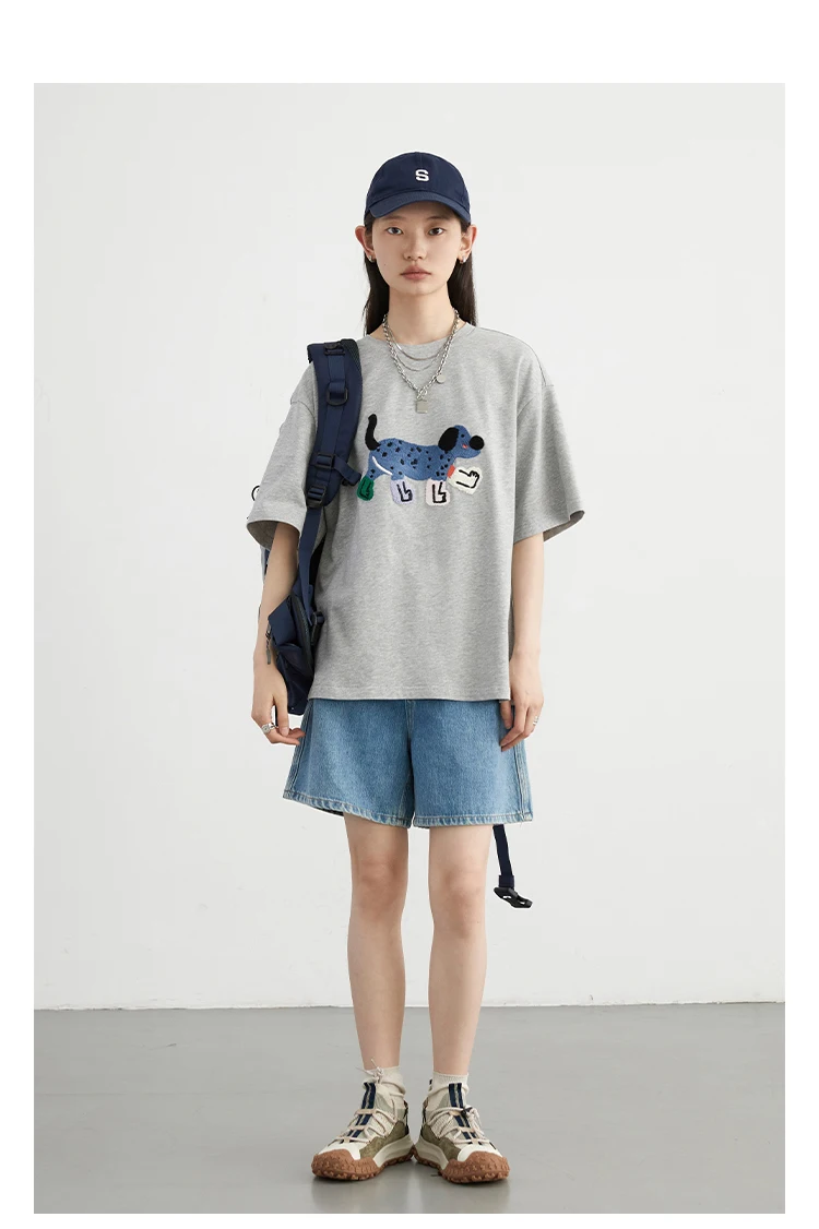 CHIC VEN Women T-Shirts Loose Streetwear Unisex Fun Dog Embroidered Short Sleeve Cotton Girl Tees Female Top Summer 2025