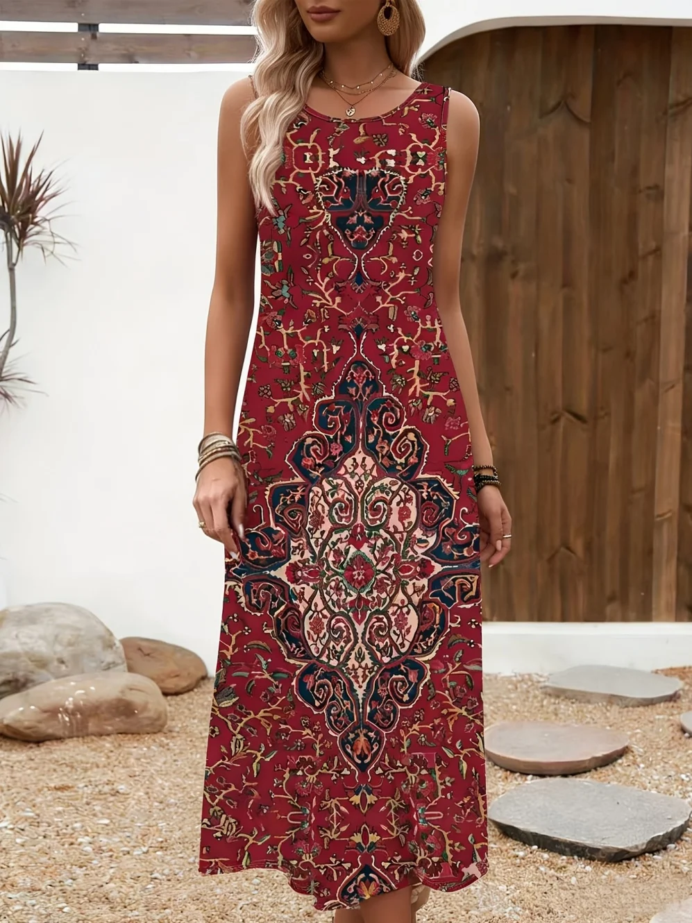 Womens Casual Bohemian Style Print Sexy Sleeveless Vest Dress Summer Hawaiian Beach Soft Comfortable Long Dess Clothes for Woman