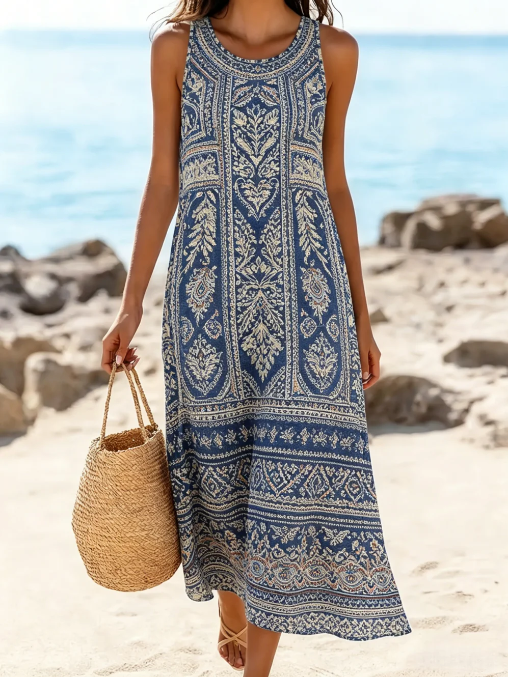 Womens Casual Bohemian Style Print Sexy Sleeveless Vest Dress Summer Hawaiian Beach Soft Comfortable Long Dess Clothes for Woman