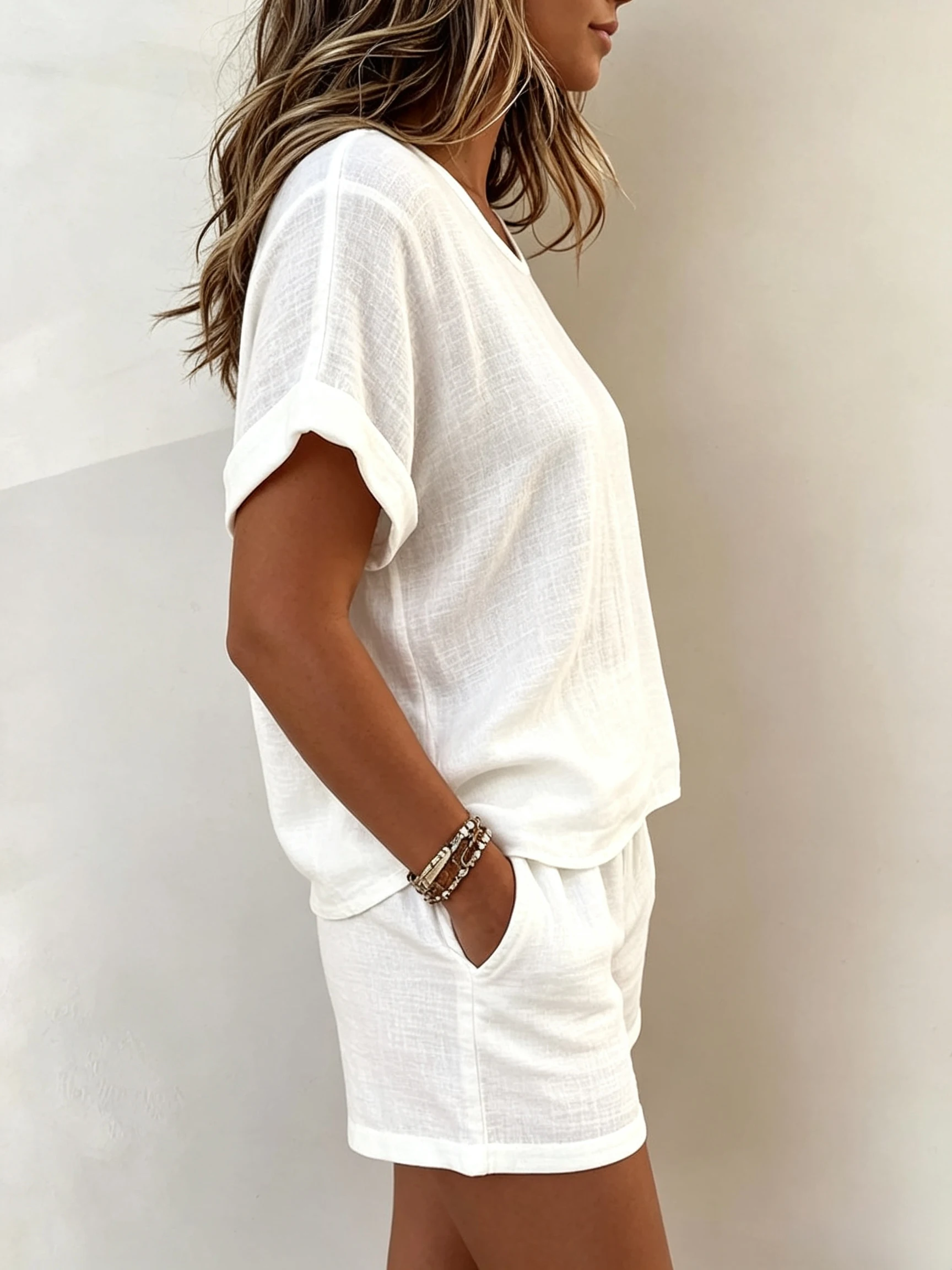 2026 Summer New Women's Solid Color Casual Crew Neck Short Sleeve Top & Shorts 2-Piece Outfit Set