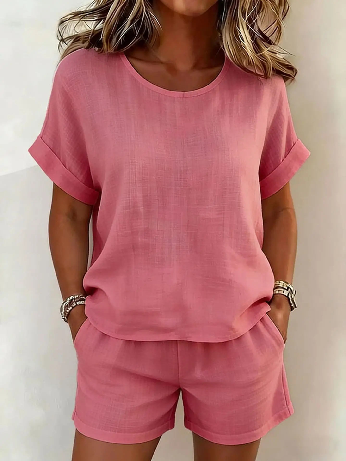 2026 Summer New Women's Solid Color Casual Crew Neck Short Sleeve Top & Shorts 2-Piece Outfit Set