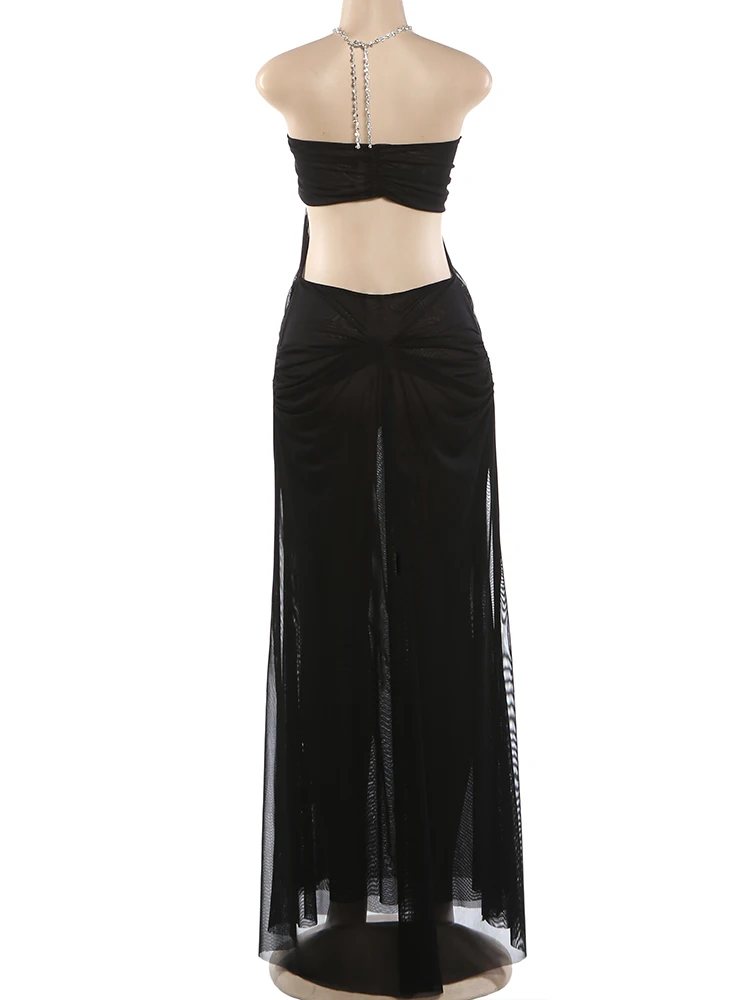 Kliou Ruched Elegant Gown Dress Woman Mesh Patchwork Luxury Chain Halter Backless Sleeveless Evening Prom Party Hipster Vestidos
