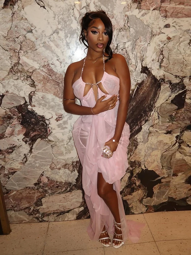 Kliou Ruched Elegant Gown Dress Woman Mesh Patchwork Luxury Chain Halter Backless Sleeveless Evening Prom Party Hipster Vestidos