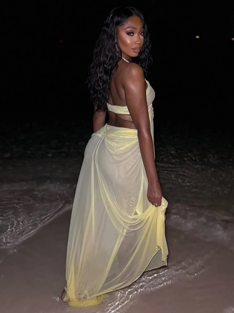 Kliou Ruched Elegant Gown Dress Woman Mesh Patchwork Luxury Chain Halter Backless Sleeveless Evening Prom Party Hipster Vestidos