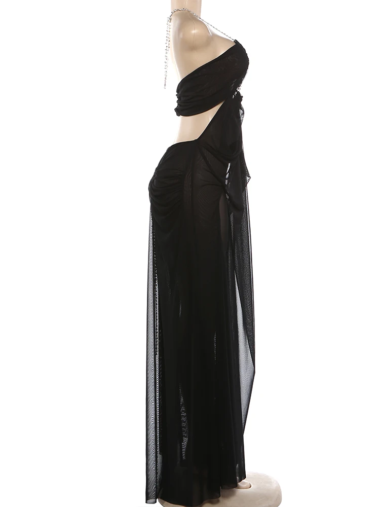 Kliou Ruched Elegant Gown Dress Woman Mesh Patchwork Luxury Chain Halter Backless Sleeveless Evening Prom Party Hipster Vestidos