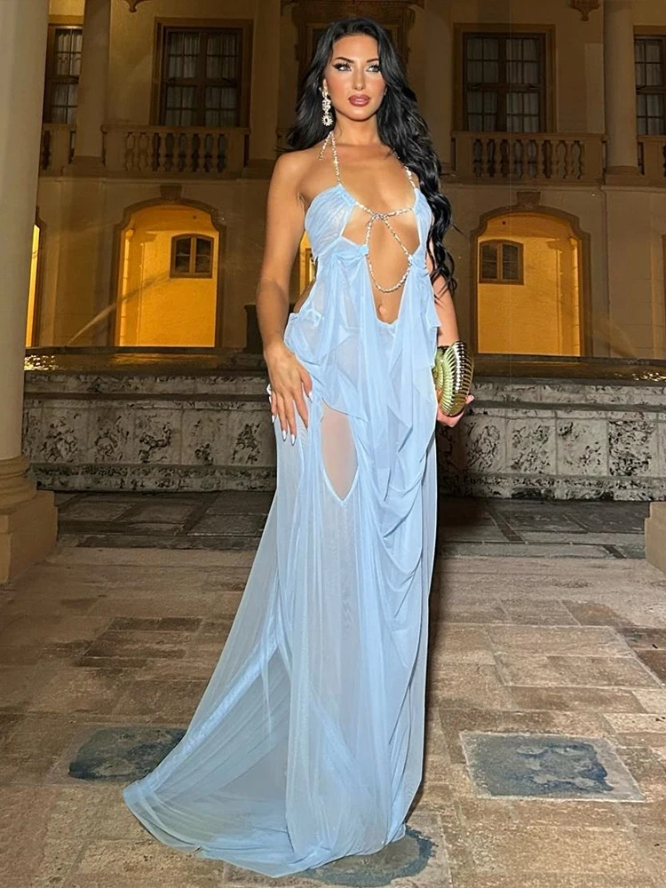 Kliou Ruched Elegant Gown Dress Woman Mesh Patchwork Luxury Chain Halter Backless Sleeveless Evening Prom Party Hipster Vestidos