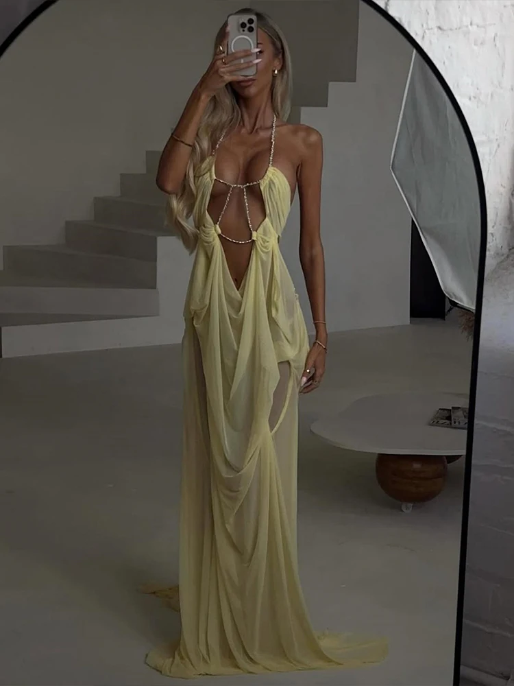 Kliou Ruched Elegant Gown Dress Woman Mesh Patchwork Luxury Chain Halter Backless Sleeveless Evening Prom Party Hipster Vestidos