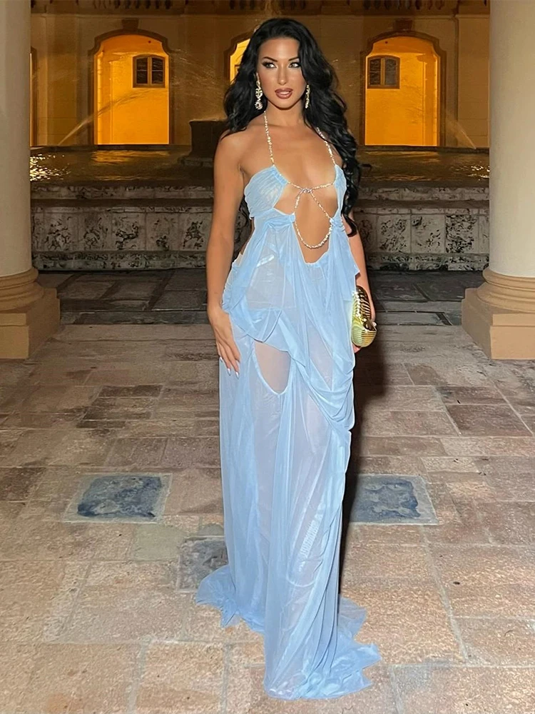 Kliou Ruched Elegant Gown Dress Woman Mesh Patchwork Luxury Chain Halter Backless Sleeveless Evening Prom Party Hipster Vestidos