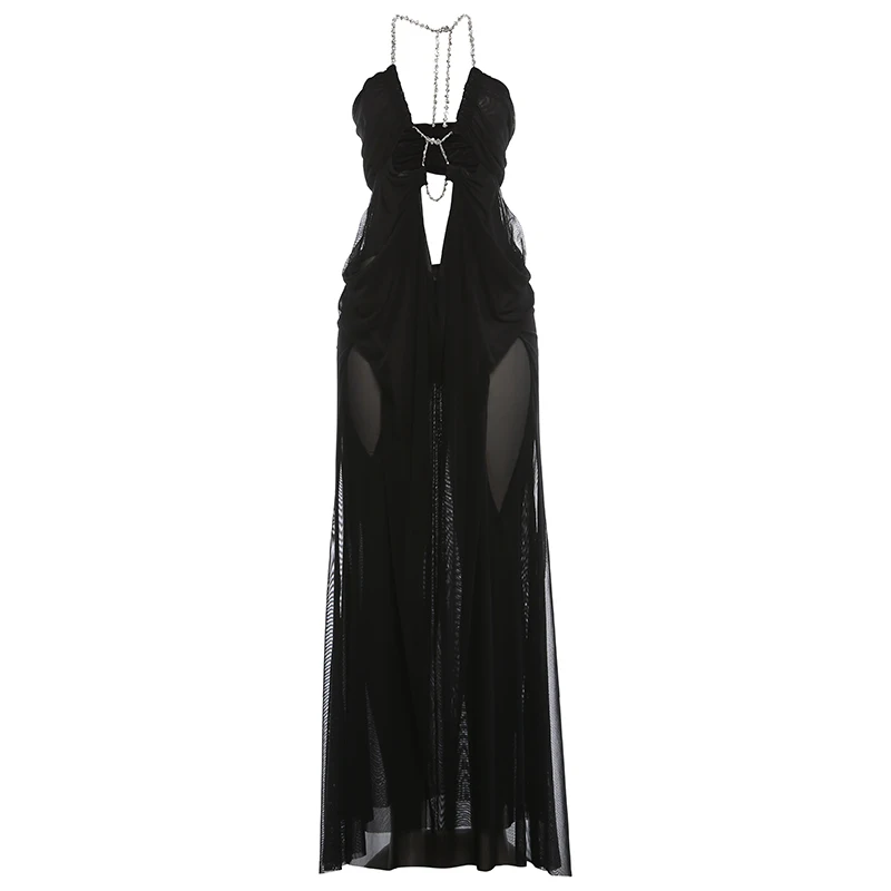 Kliou Ruched Elegant Gown Dress Woman Mesh Patchwork Luxury Chain Halter Backless Sleeveless Evening Prom Party Hipster Vestidos