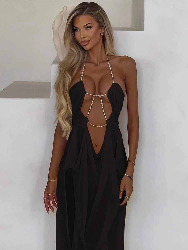 Kliou Ruched Elegant Gown Dress Woman Mesh Patchwork Luxury Chain Halter Backless Sleeveless Evening Prom Party Hipster Vestidos