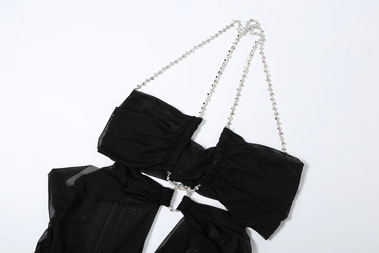 Kliou Ruched Elegant Gown Dress Woman Mesh Patchwork Luxury Chain Halter Backless Sleeveless Evening Prom Party Hipster Vestidos