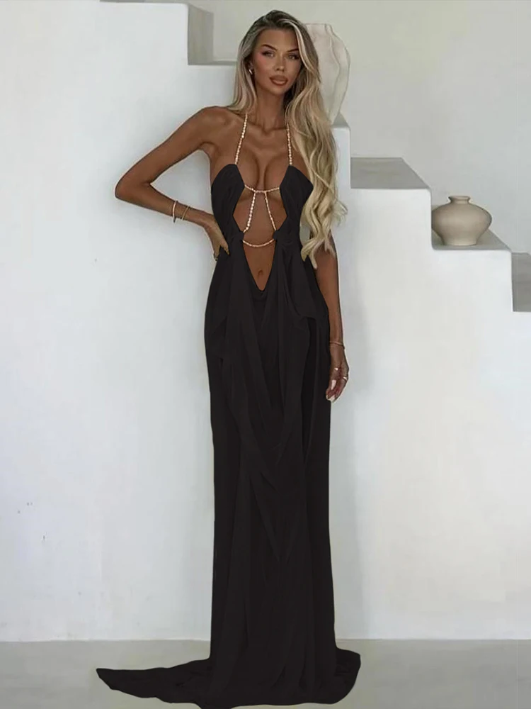 Kliou Ruched Elegant Gown Dress Woman Mesh Patchwork Luxury Chain Halter Backless Sleeveless Evening Prom Party Hipster Vestidos